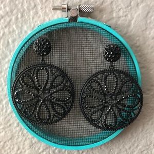 Large Ornate Black Rhinestone Earrings